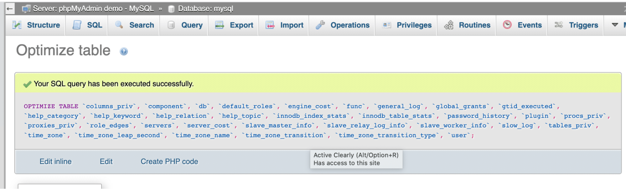 Clean up database’s confirmation message - Source: phpMyAdmin
