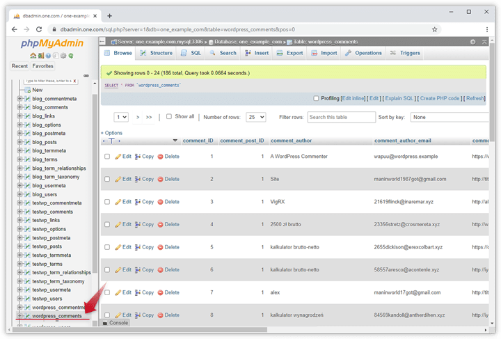 WordPress comments table - Source: onehosting
