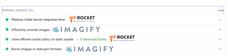 Blog optimization: passed audit with WP Rocket and Imagify - Source: PSI
