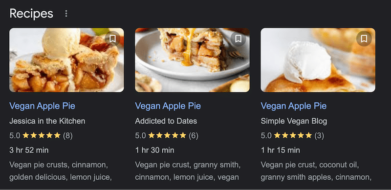 Example of structured data for a recipe blog - Source: Google search results
