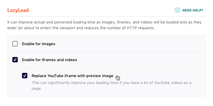 WP Rocket’s LazyLoad feature for iframes and videos