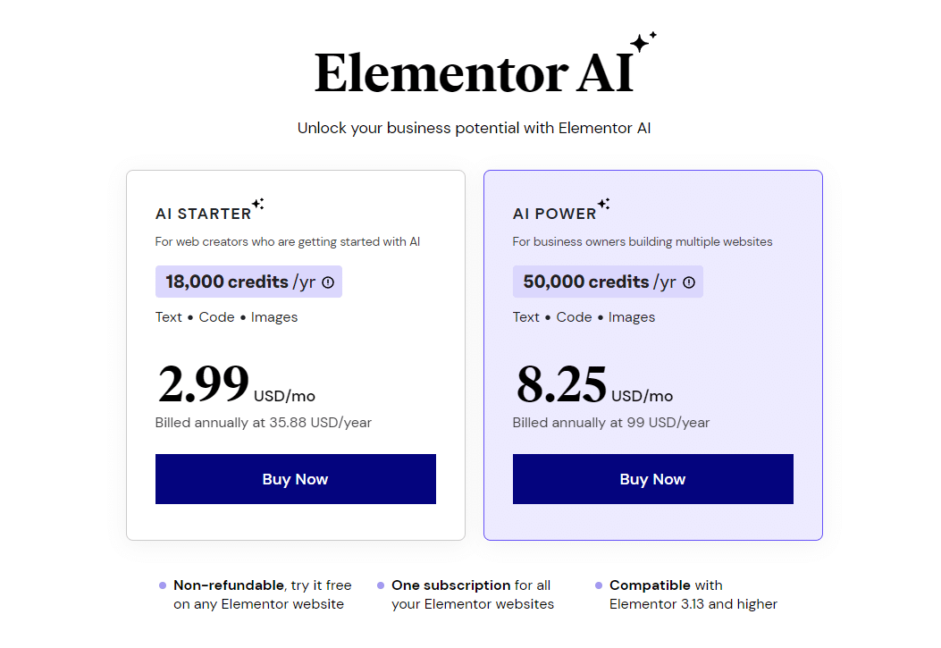 Elementor AI pricing options – Source: Elementor AI
