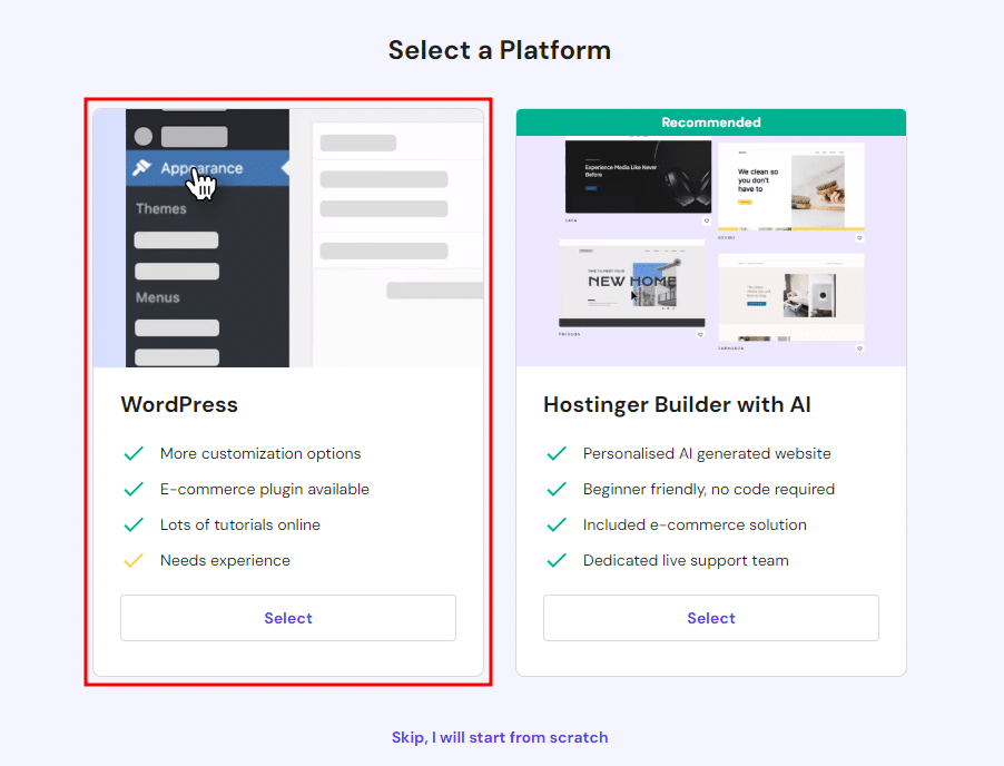 Hostinger Platform Selection – Source: Own screenshot
