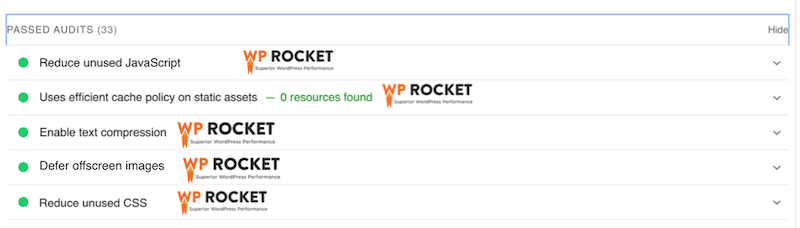 Example of warnings from PageSpeed that are fixed thanks to WP Rocket - Source: WP Rocket
