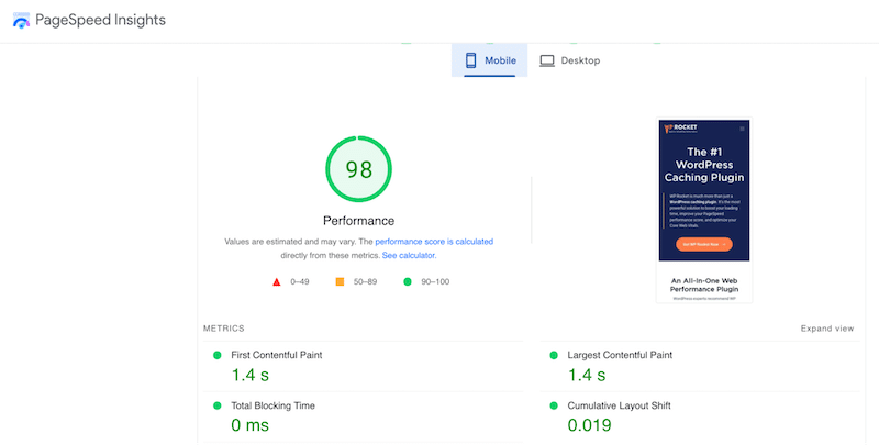 Performance Score and Core Web Vitals - Source: PageSpeed Insights

