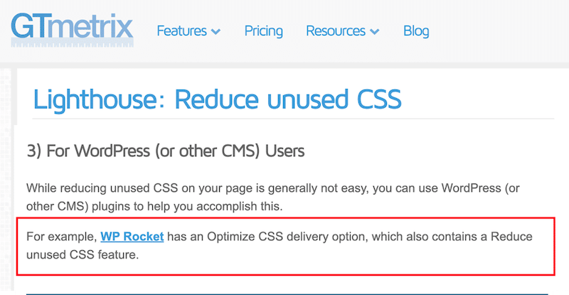 WP Rocket is recommended by GTmetrix to reduce unused CSS - Source: GTmetrix
