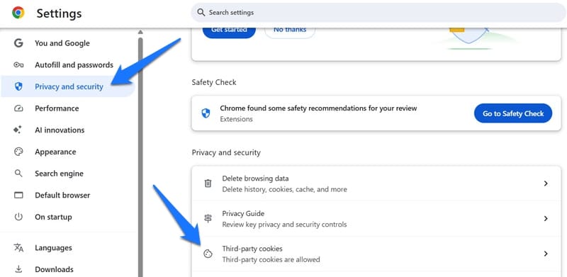 Access third party cookie settings in google chrome
