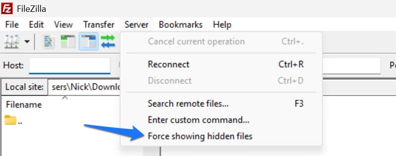 Force showing hidden files in FileZilla