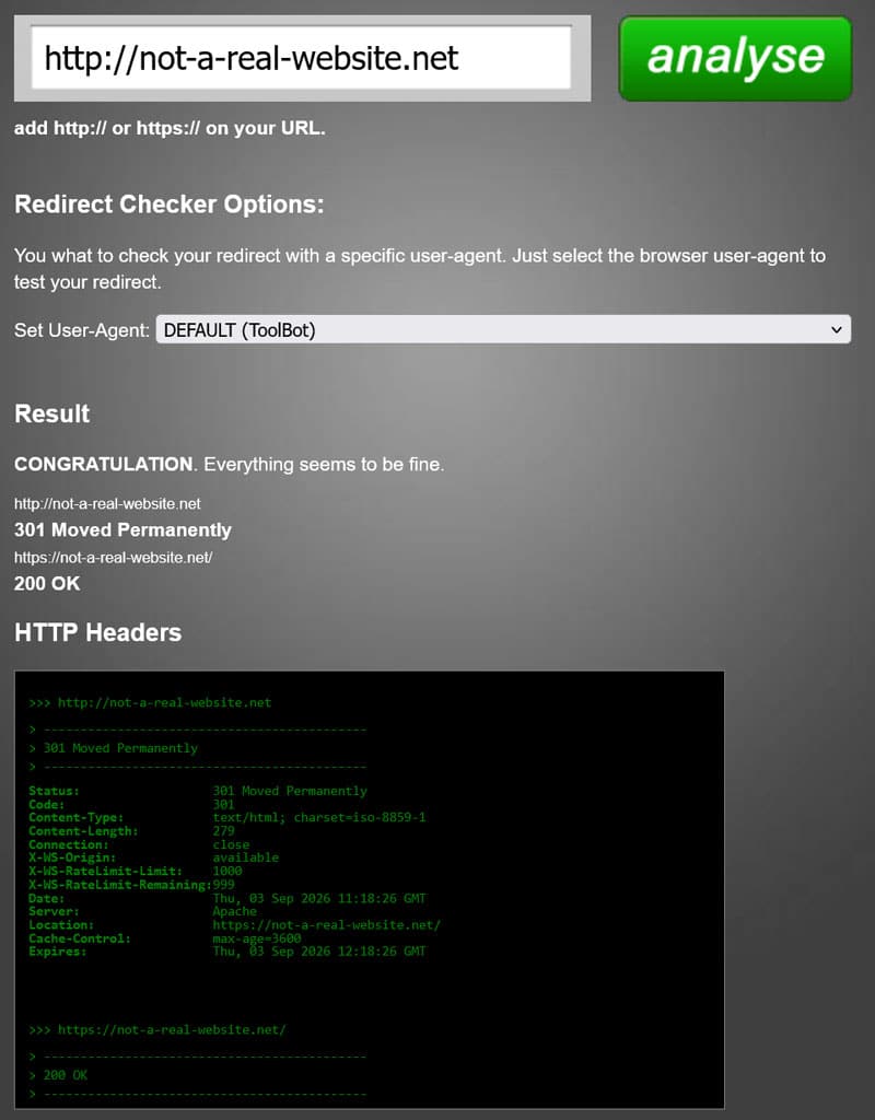 Redirect checker results