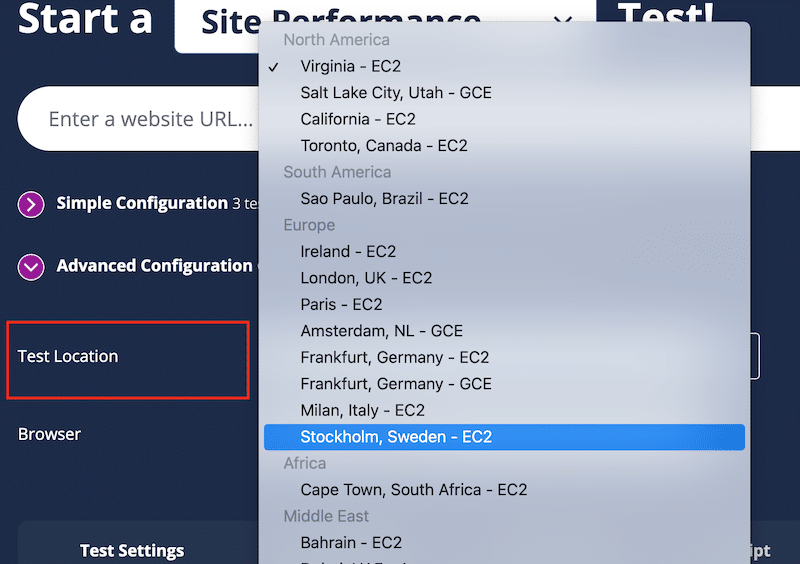 Selecting different locations to evaluate mobile performance - Source: WebPageTest 
