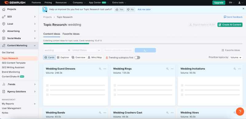 Example of a topic research around “wedding” - Source: Semrush
