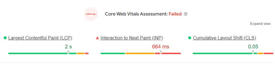 A failed Core Web Vitals assessment 