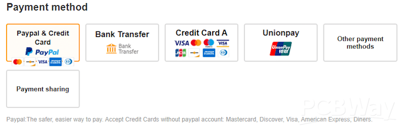 Different payment methods - Source: PCBWay
