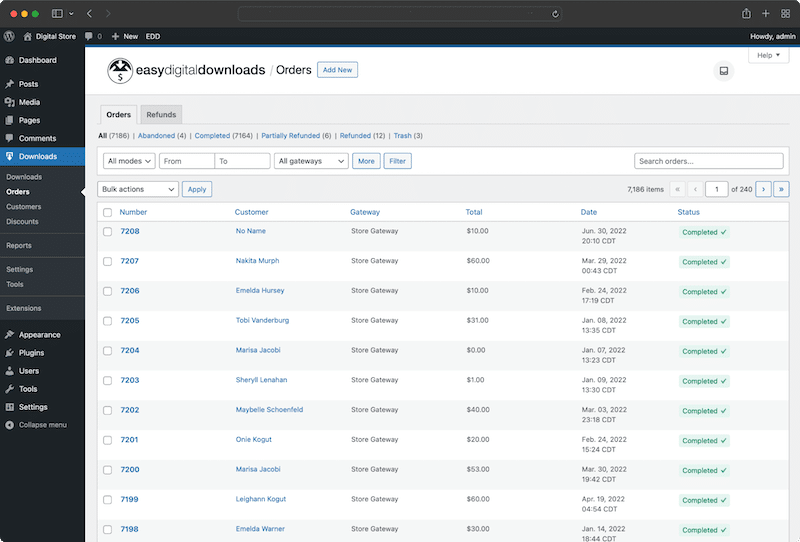 EDD interface and example of report for digital goods - Source: Easy Digital Downloads Interface
