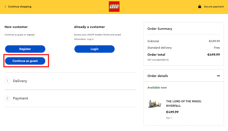 Guest, sign-up, and login checkouts - Source: Lego
