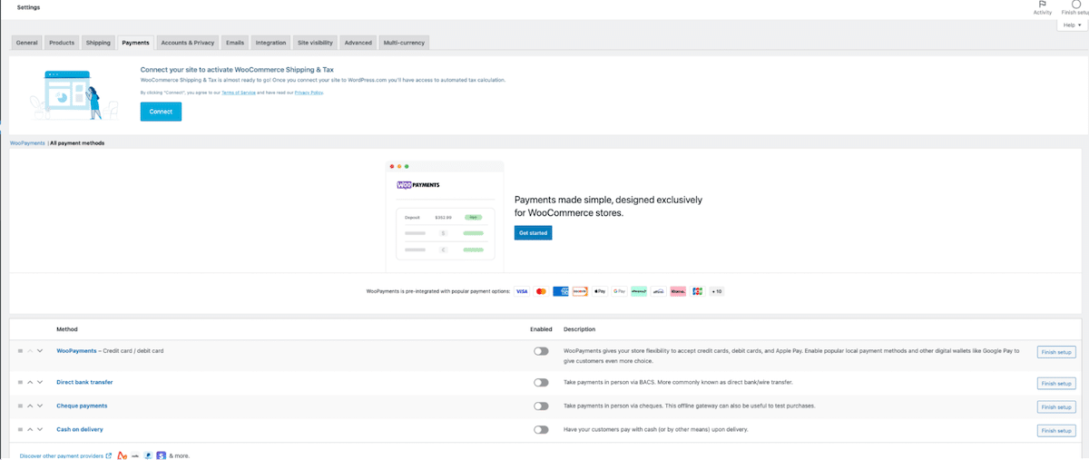 Payments tab - Source: WooCommerce dashboard
