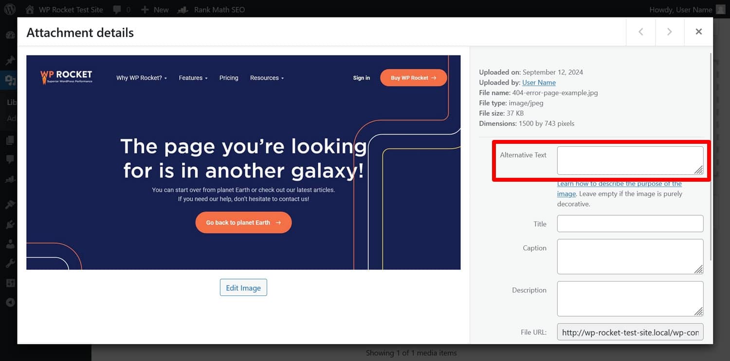 Add alt text to image in WordPress media library