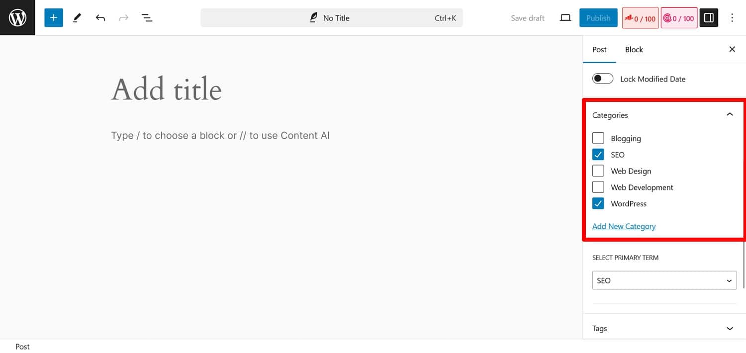 Add categories to blog post in WordPress editor