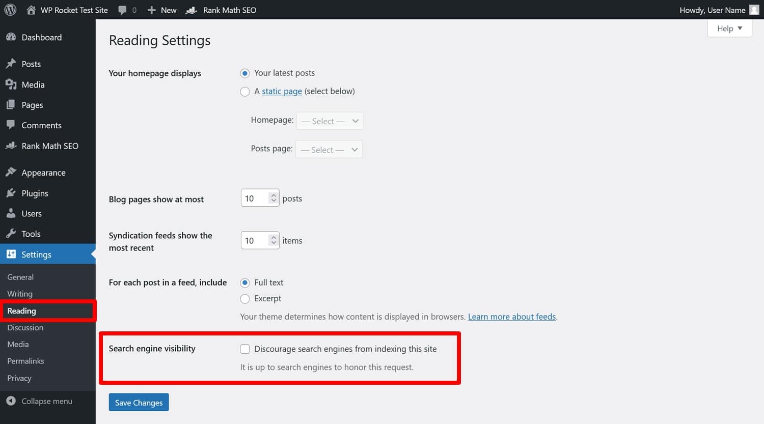 Website indexing options in WordPress settings