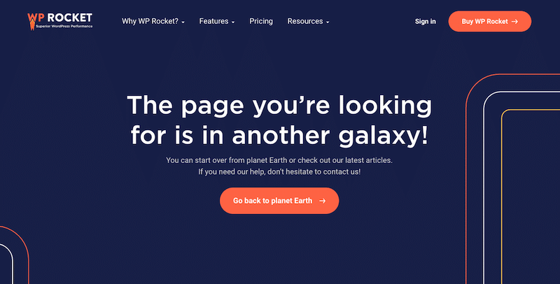 Example of a custom “Error 404 Page Not Found” to keep users engaged - Source: WP Rocket
