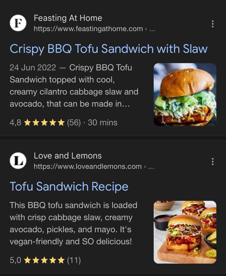 Example of rich snippets in mobile search results