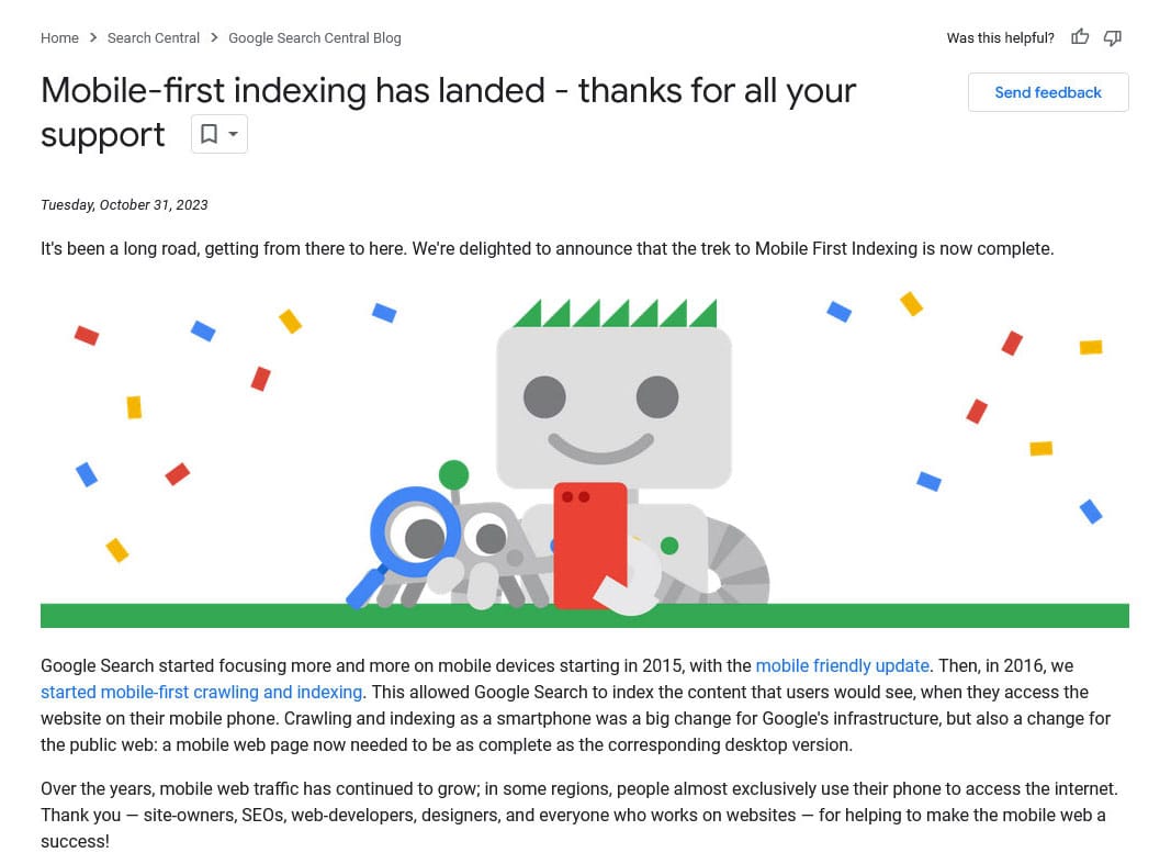 Google webmaster blog announces mobile first indexing completed