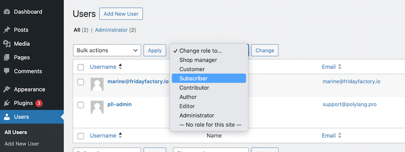 Assigning roles on WordPress - Source: My WordPress admin
