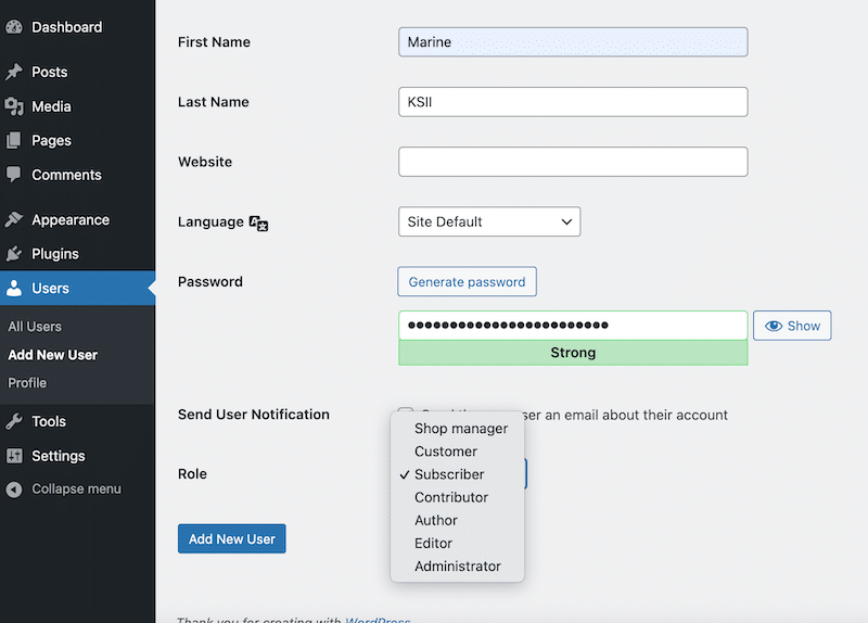 Defining roles on WordPress - Source: the WP dashboard
