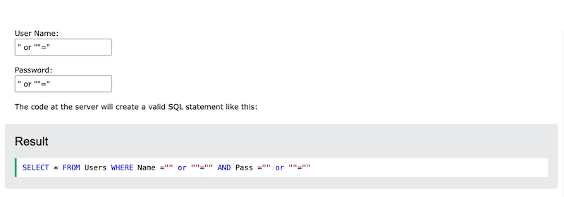 Example of SQL injection to reveal credentials - Source: W3code
