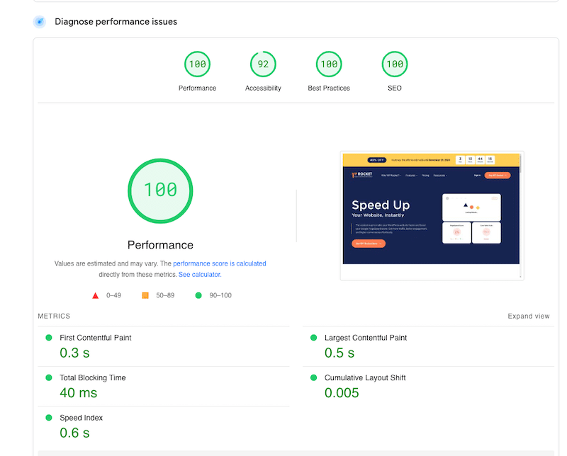 Example of performance score with KPIs - Source: PageSpeed Insights