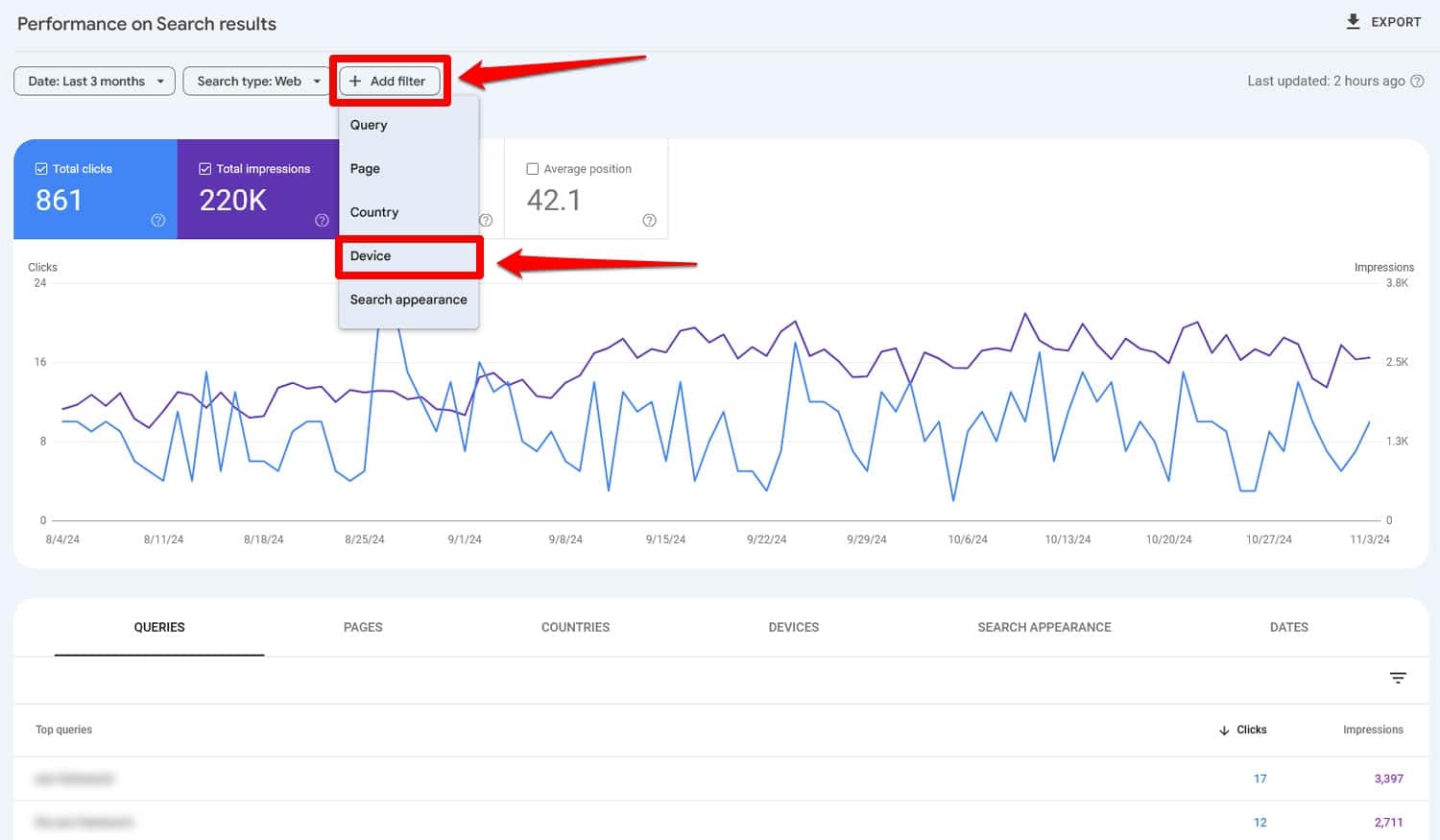 Add device filter in Google Search Console