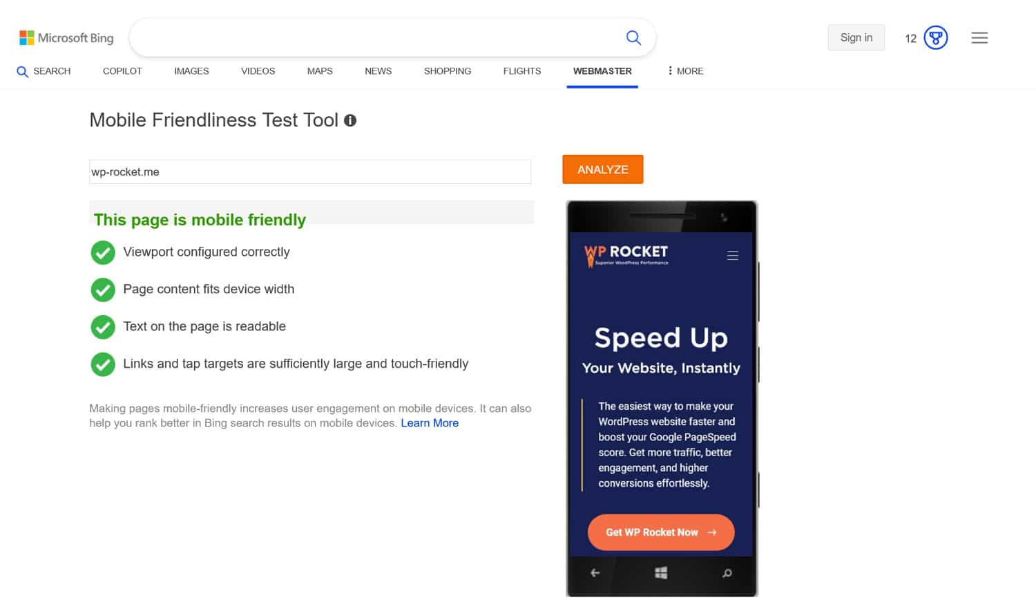 Bing mobile friendliness test