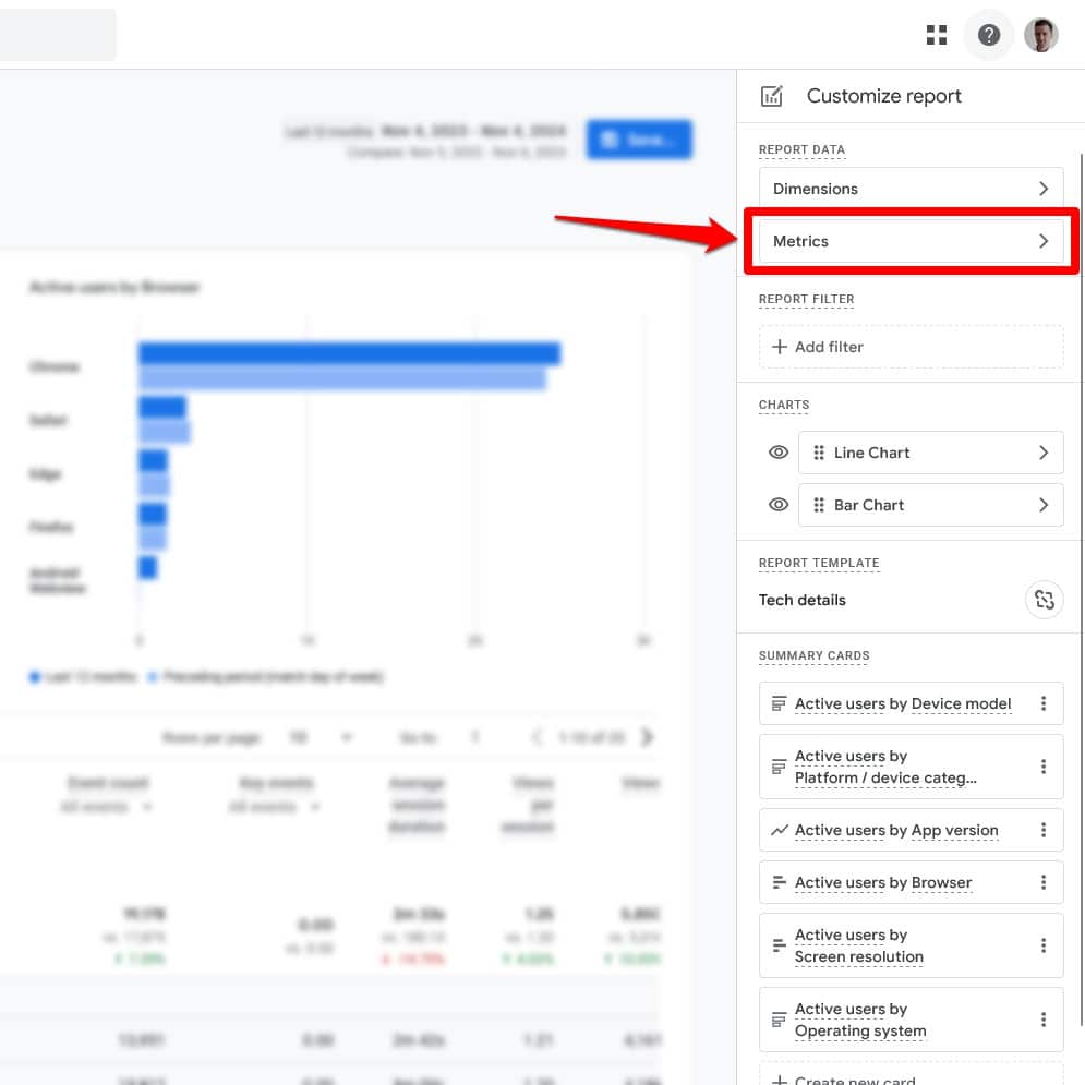 Edit report metrics in Google Analytics