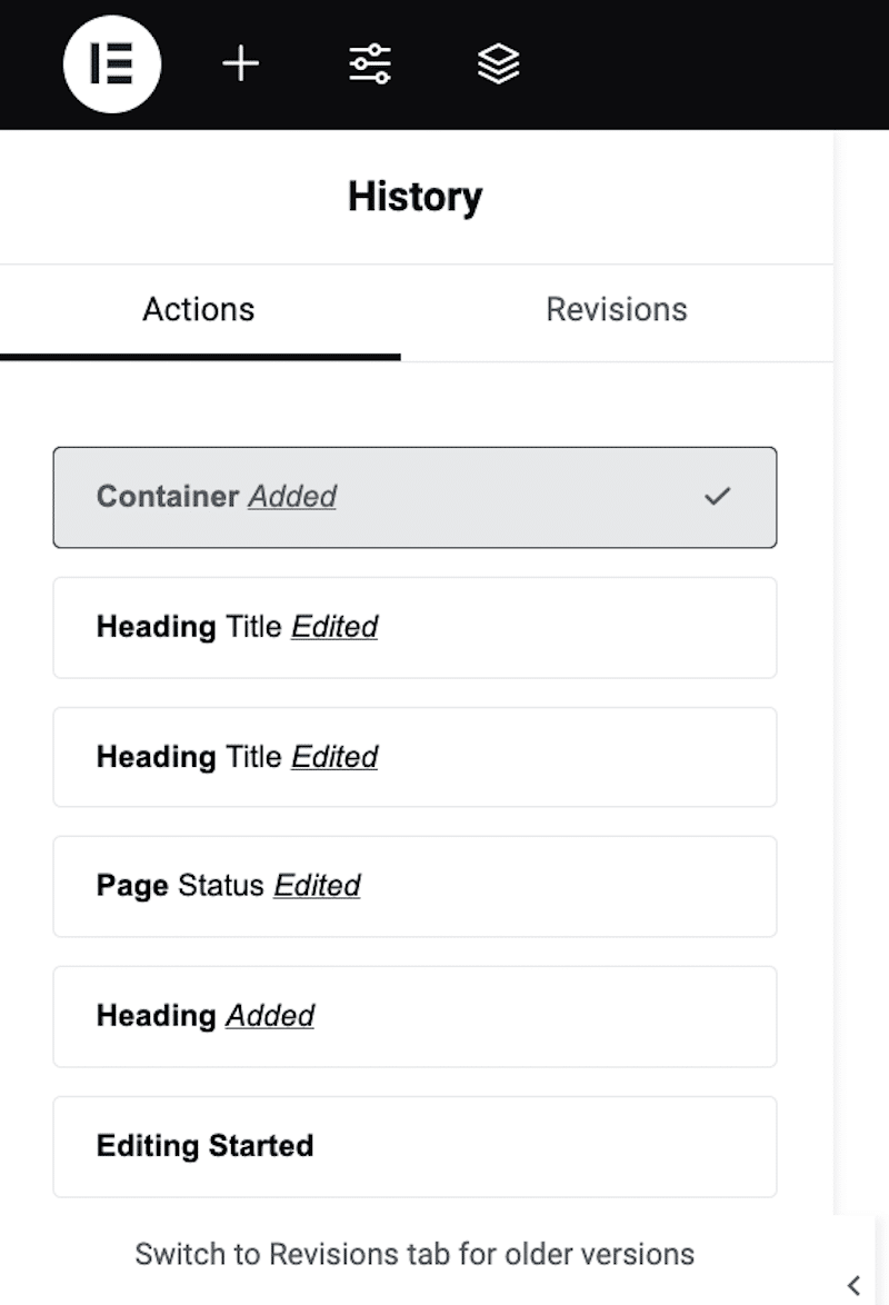 Browsing the History interface on Elementor - Source: my test site

