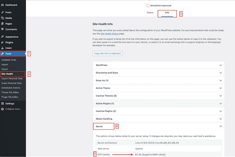 Checking PHP version from the WordPress admin - Source: My WordPress admin

