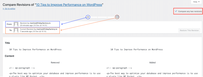 Comparing two revisions versions - Source: my WordPress revisions interface
