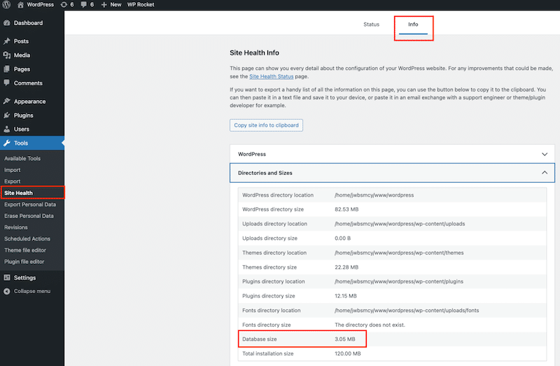 Database size after optimization with WP Rocket  - Source: my WordPress admin
