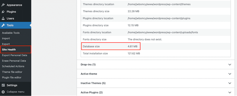 Database size before optimization - Source: my WordPress admin
