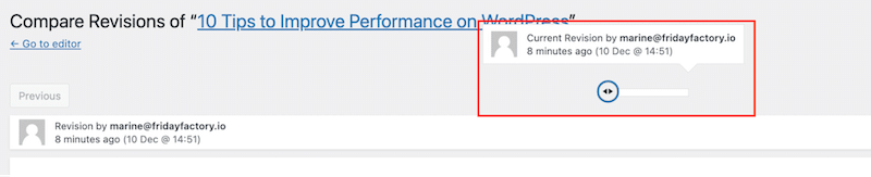 Dragging the slider to check anterior versions - Source: my WordPress revisions interface
