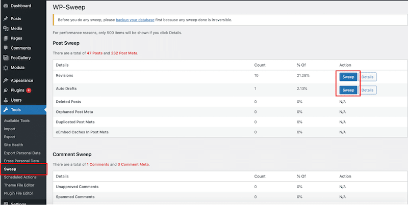 Sweeping revisions and autodrafts to optimize the database - Source: WP Sweep
