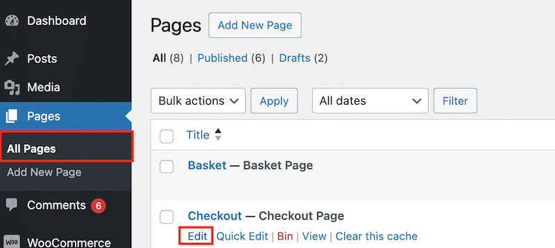 The Edit button near the Checkout page to edit it - Source: My WordPress admin
