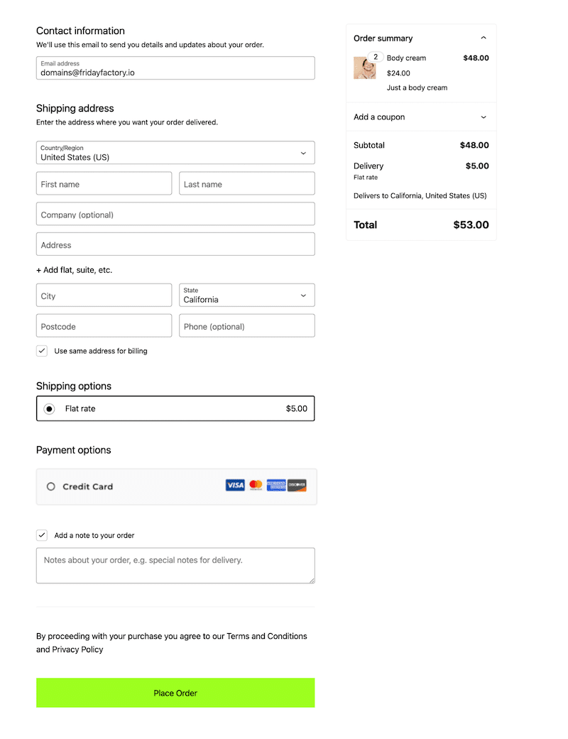 Default WooCommerce checkout page that needs to be optimized - Source: My WooCommerce test site
