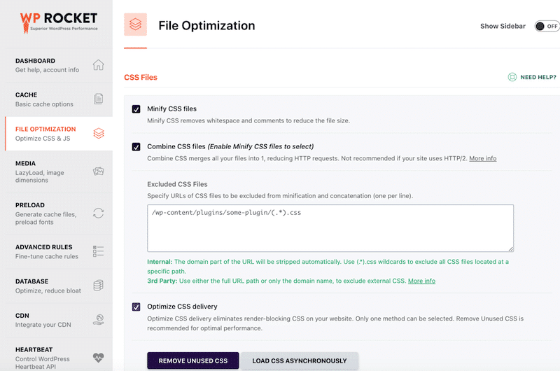 WP Rocket’s code optimization interface to improve performance and reduce cart abandonment  – Source: WP Rocket
