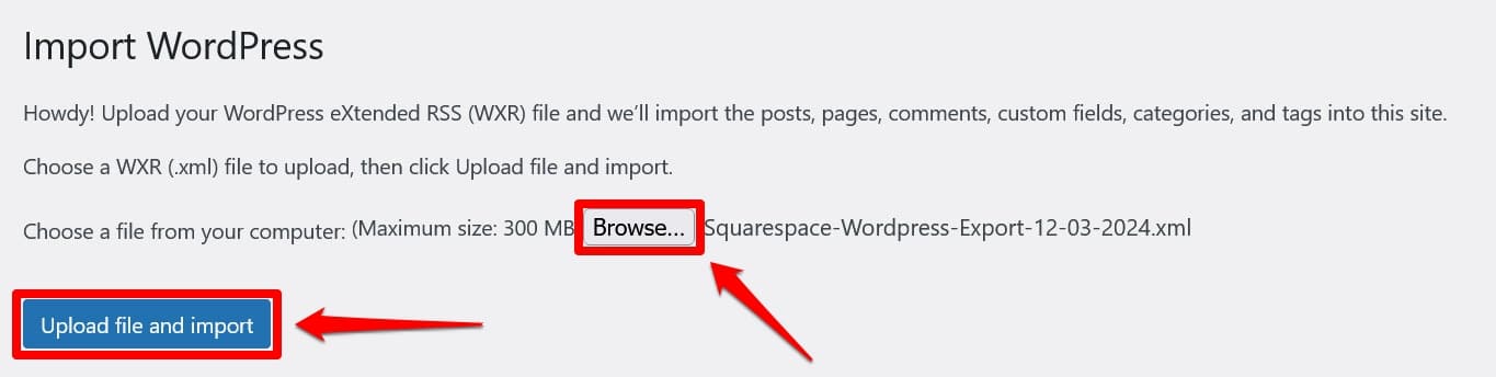 Choose file to import into WordPress