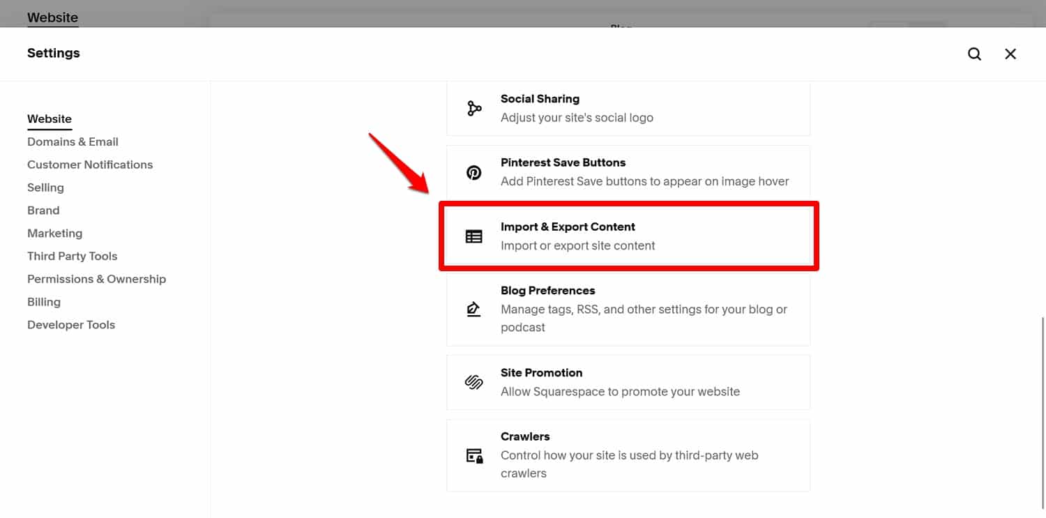 Import/export content option in Squarespace