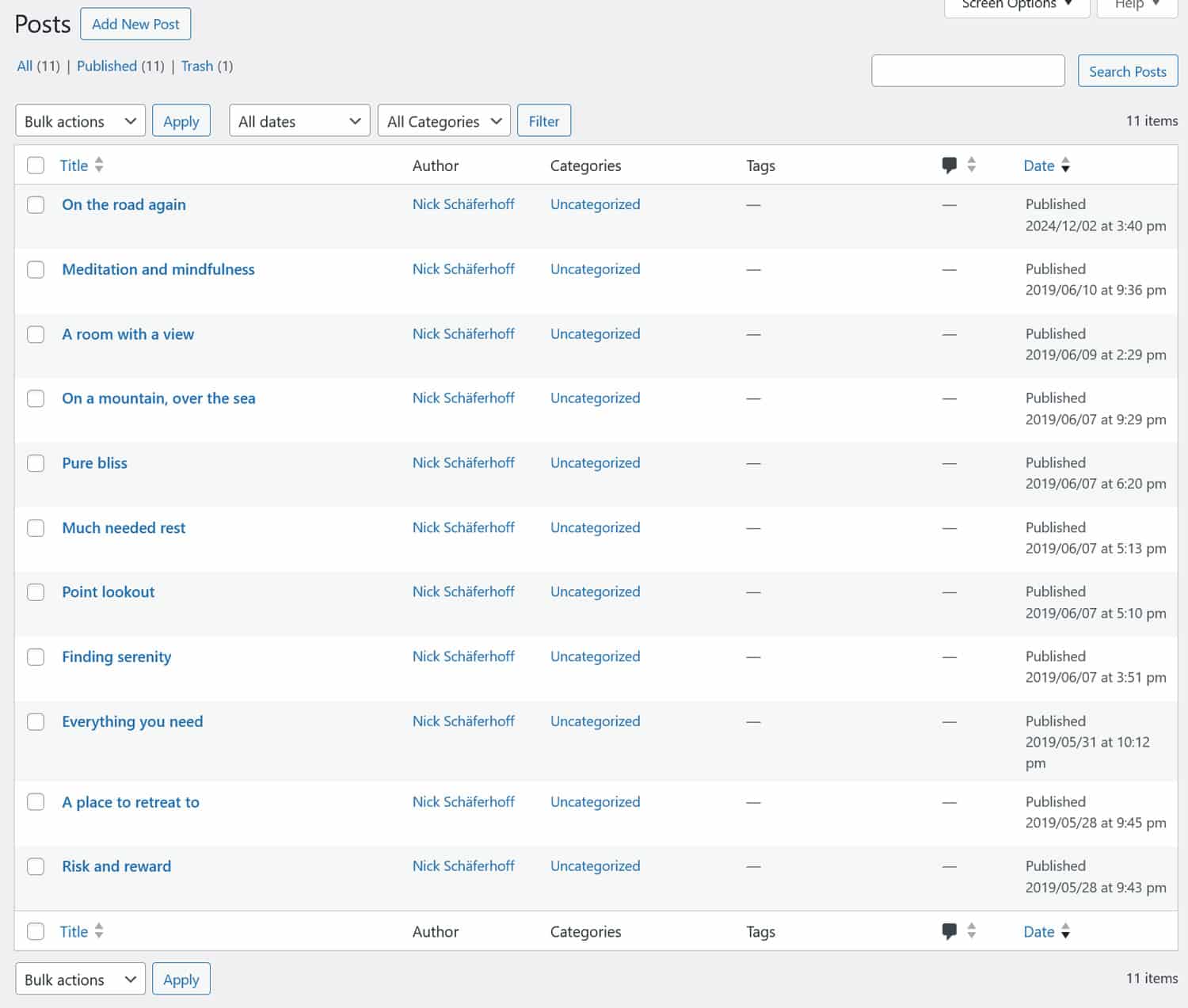 Imported blog posts in WordPress back end