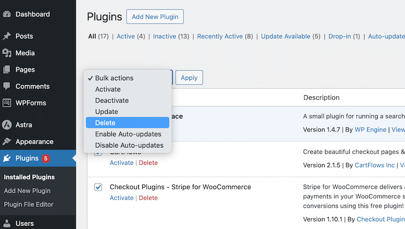 Bulk deleting the WordPress plugins  - Source: My test site
