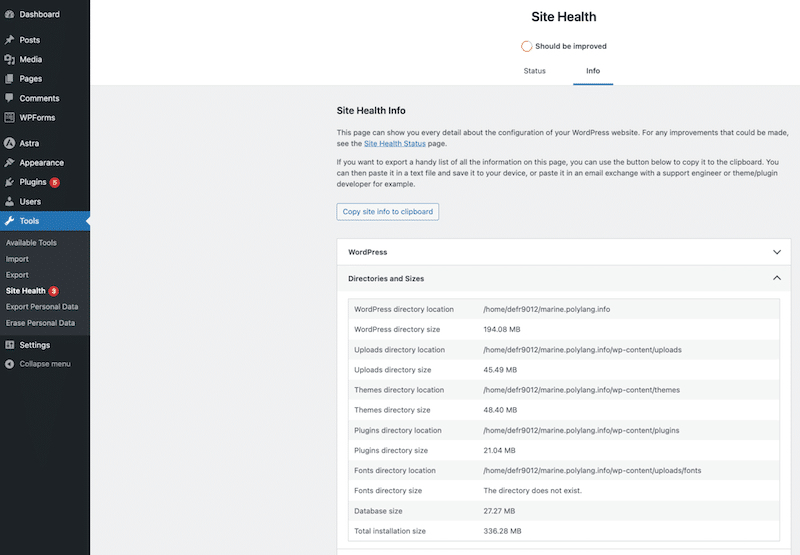 Directory and sizes of my WordPress site - Source: my WordPress admin
