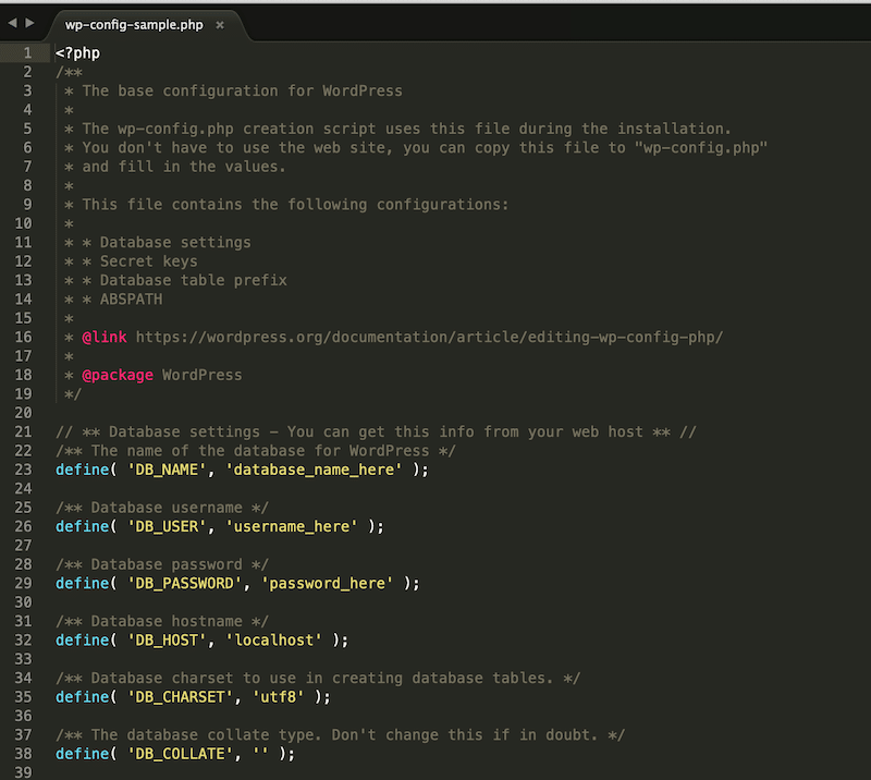 Example of database settings and credentials from the wp-config file - Source: my wp-config file
