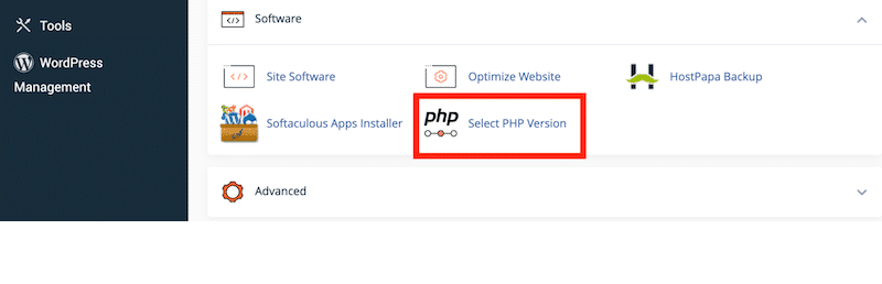 Software submenu to update the current PHP version – Source: my cPanel
